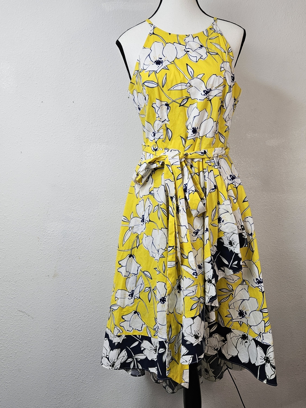 Eliza J Yellow Floral High Low Midi Dress Sleeveless Tie-Waist 4 Cotton Pockets